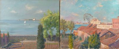 two paintings of a view of a town and a body of water