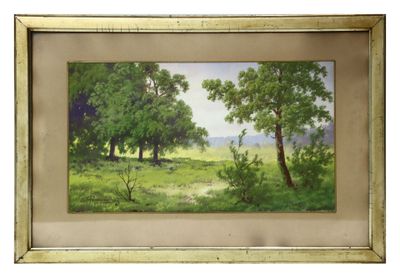 a painting of a landscape with trees and grass in a gold frame