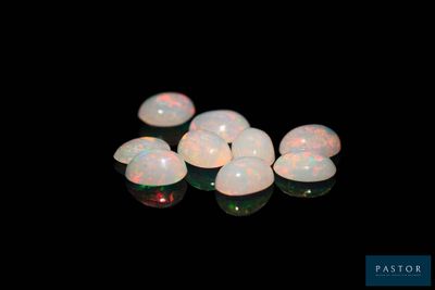 some white oplites are sitting on a black surface