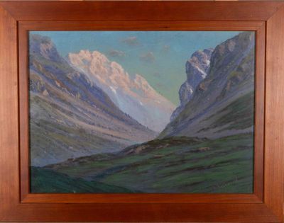 an oil painting of a mountain scene with a valley in the foreground
