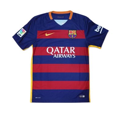a close up of a soccer jersey with a red and blue stripe