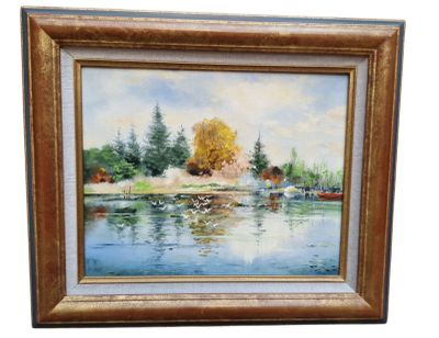 painting of a river scene with boats and trees in the background