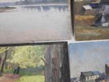 several paintings of different landscapes are displayed on a white surface
