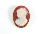 une broche représentant le profil d'une femme, de couleur rouge et or