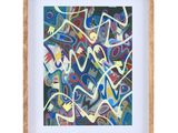 une peinture abstraite composée de formes et de couleurs variées, dans un cadre en bois