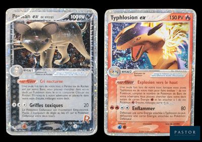 Deux cartes Pokémon sont représentées côte à côte sur un fond noir.