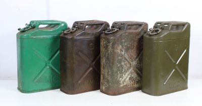 four green and brown jerry cans lined up in a row