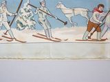 painting of a group of people on skis in front of a christmas tree