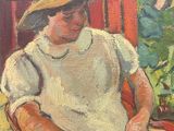 painting of a woman in a straw hat sitting in a chair reading a book