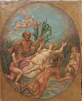 une peinture sur le mur d'un immeuble représentant un homme et une femme dans l'eau