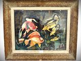 a painting of a group of fish swimming in a pond