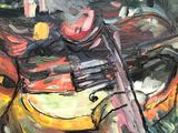 an oil painting of a man with a guitar and a hat