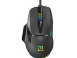 the mouse is black and has a rainbow light on it