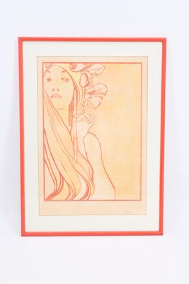 tableau représentant une femme aux longs cheveux, ornés de fleurs