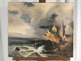 tableau sur chevalet représentant un château sur une côte rocheuse