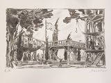 a black and white drawing of a bridge in a park