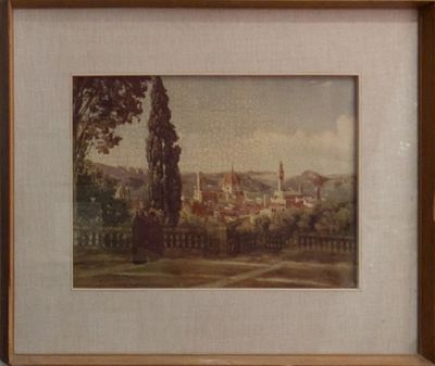 painting of a view of a town with a church in the distance