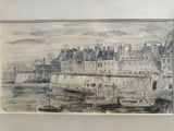drawing of a view of a city with a boat in the foreground
