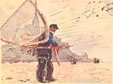 a painting of a man holding a fishing net on the beach