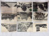 several black and white photos of a bunch of old buildings