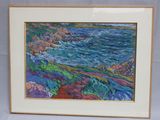 peinture représentant une peinture d'un paysage aquatique avec des rochers au premier plan