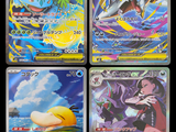 four different pokemon cards are displayed on a black background