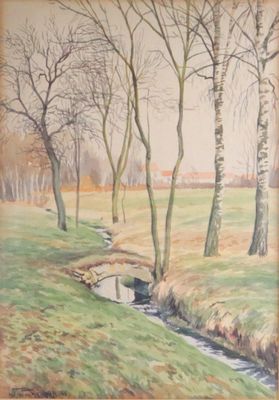 painting of a stream running through a field with trees in the background