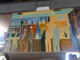 une peinture représentant un groupe de personnes debout dans une pièce