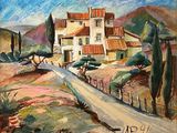 an image of a painting of a house on a hill