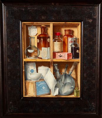 une photo d'un tableau représentant une étagère avec des flacons de médicaments