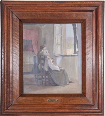 an image of a painting of a woman sitting on a chair in front of a window