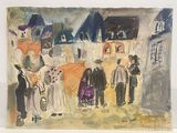 une peinture représentant un groupe de personnes devant un bâtiment