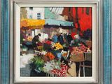 une image représentant un tableau illustrant une scène de marché, dans un cadre bleu