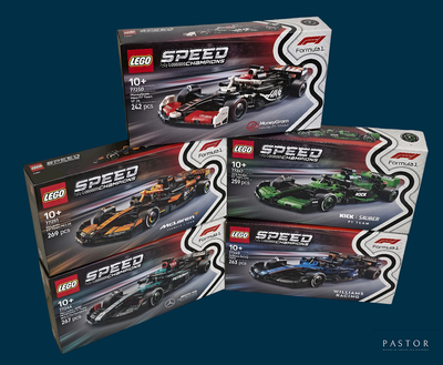 three boxes of lego speed cars on a blue background