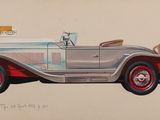 dessin représentant une voiture argentée avec des jantes rouges sur un fond beige