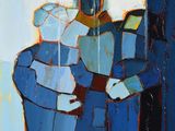 tableau représentant un homme coiffé d'un chapeau, une femme en robe bleue, un homme en costume bleu et une femme en robe blanche