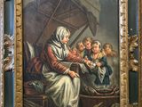 un vieux tableau représentant une femme assise devant un groupe d'enfants