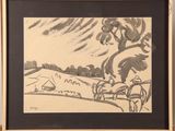 drawing of a man riding a bike in a field with a tree