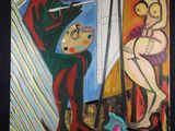 tableau représentant un tableau dans lequel figurent une femme et un homme tenant un couteau dans une pièce