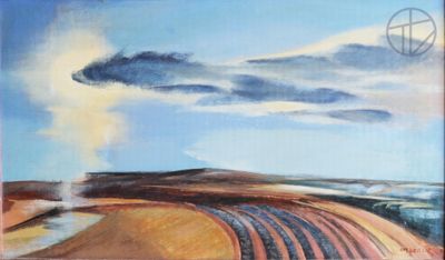 une peinture à l'huile représentant un champ d'où émerge une locomotive à vapeur