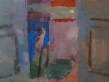 an oil painting of a room with an open door and a painting on the wall