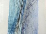 painting of blue and black lines on a white paper with a wooden frame