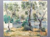 un tableau posé sur un chevalet, avec au premier plan un tableau représentant des arbres