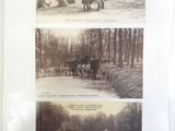 two black and white photos of horses and people in a wooded area