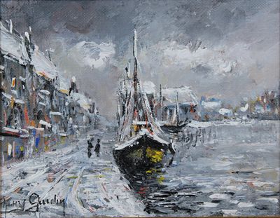 an oil painting of a boat in a harbor on a snowy day
