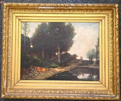 une image représentant un tableau où l'on voit un homme et un chien au bord d'une rivière