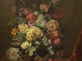peinture d'un vase de fleurs et de fruits sur une table