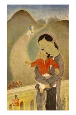 une peinture représentant une femme tenant un bébé dans ses bras