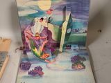 an open book with a picture of a woman sitting on a boat