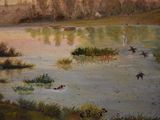 a painting of ducks flying over a pond in a field